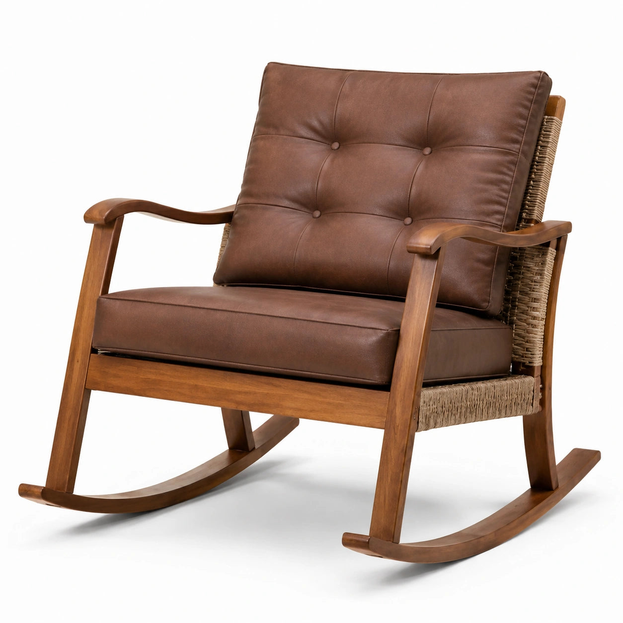 Brauner Holz-Schaukelstuhl mit PU-Leder