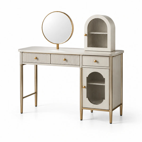 Schminktisch aus Holz mit Spiegel und Schrank in Creme/Gold