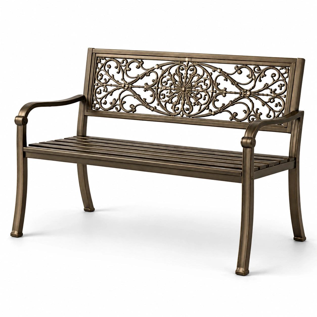 Bronze Gartenbank aus Aluminium mit filigraner Rückenlehne 128cm