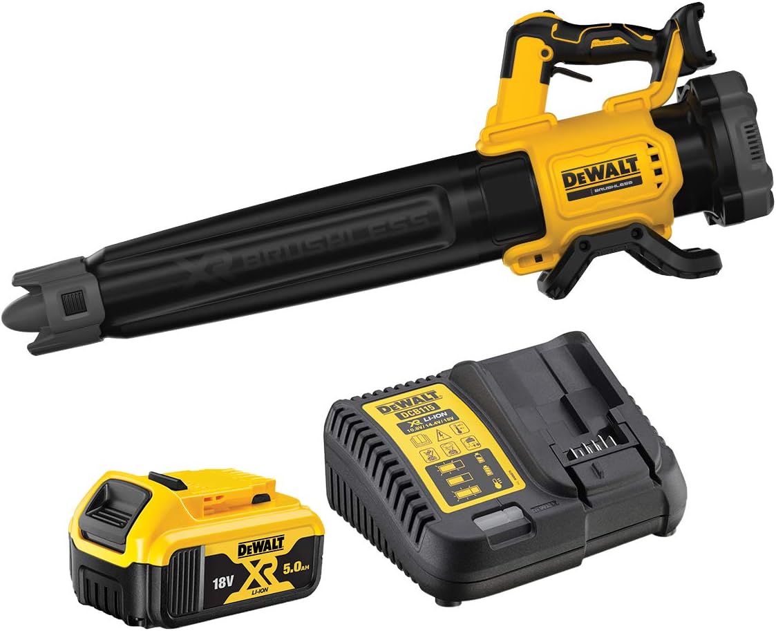 DEWALT Laubbläser, 18 V, 5 Ah, schwarz/gelb, axial sin escobillas XR con 1 batería Li-Ion, Multicolor