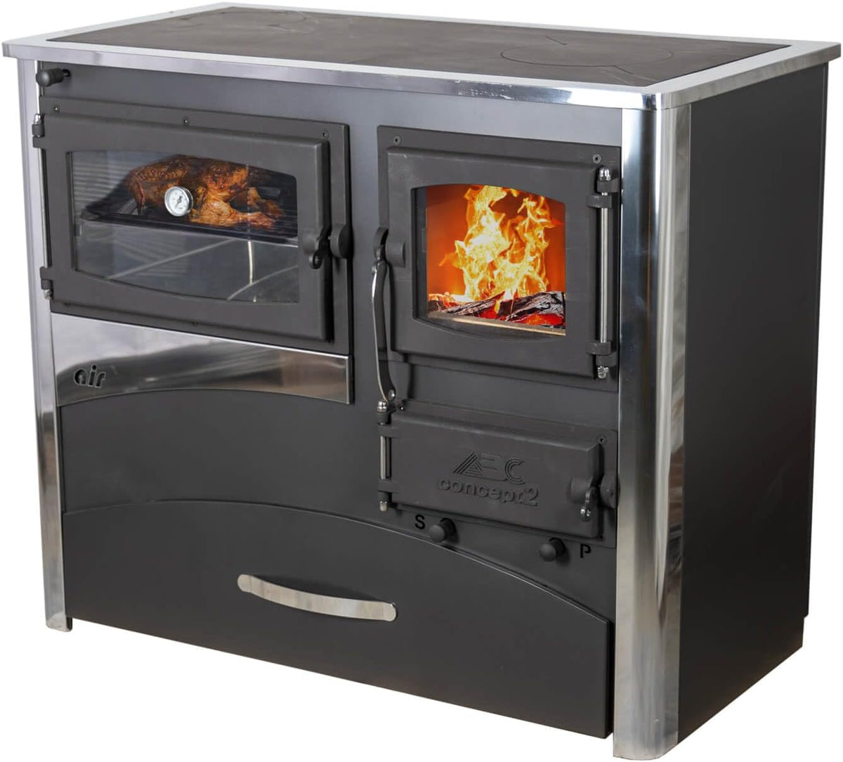 DanDiBo Kaminofen, 11,6 kW, Schwarz/Silber, EEK A mit Backfach und Herdplatte ABC Concept 2 Air Links