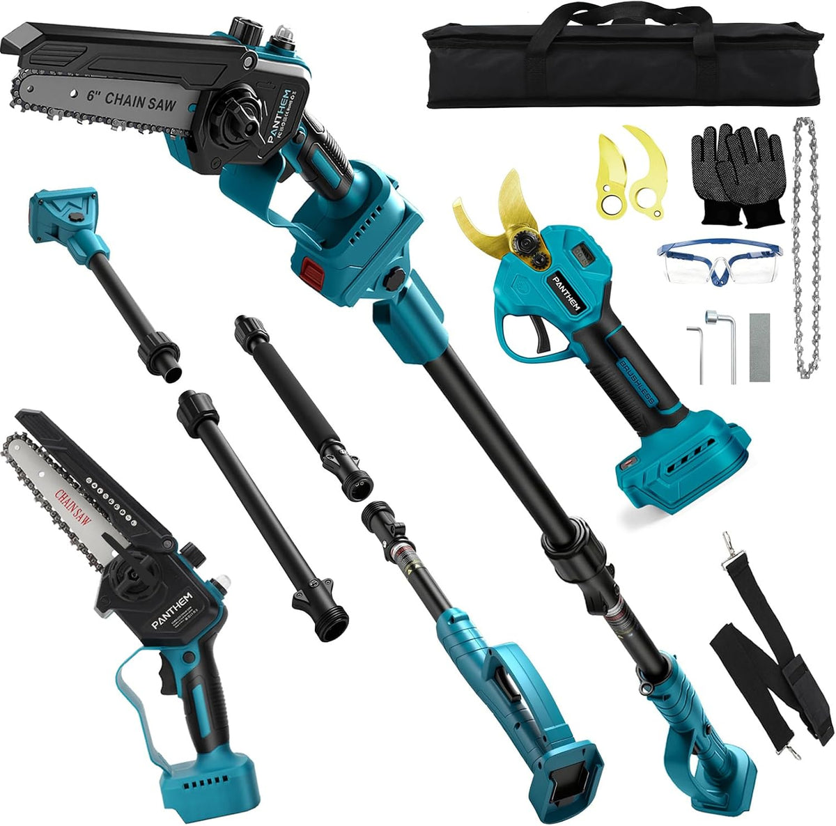 panthem Kettensäge, 6 zoll, 4,6m, 18 V, Blau/Schwarz, Akku Hochentaster Ast Profi Astsäge kompatibel mit Makita