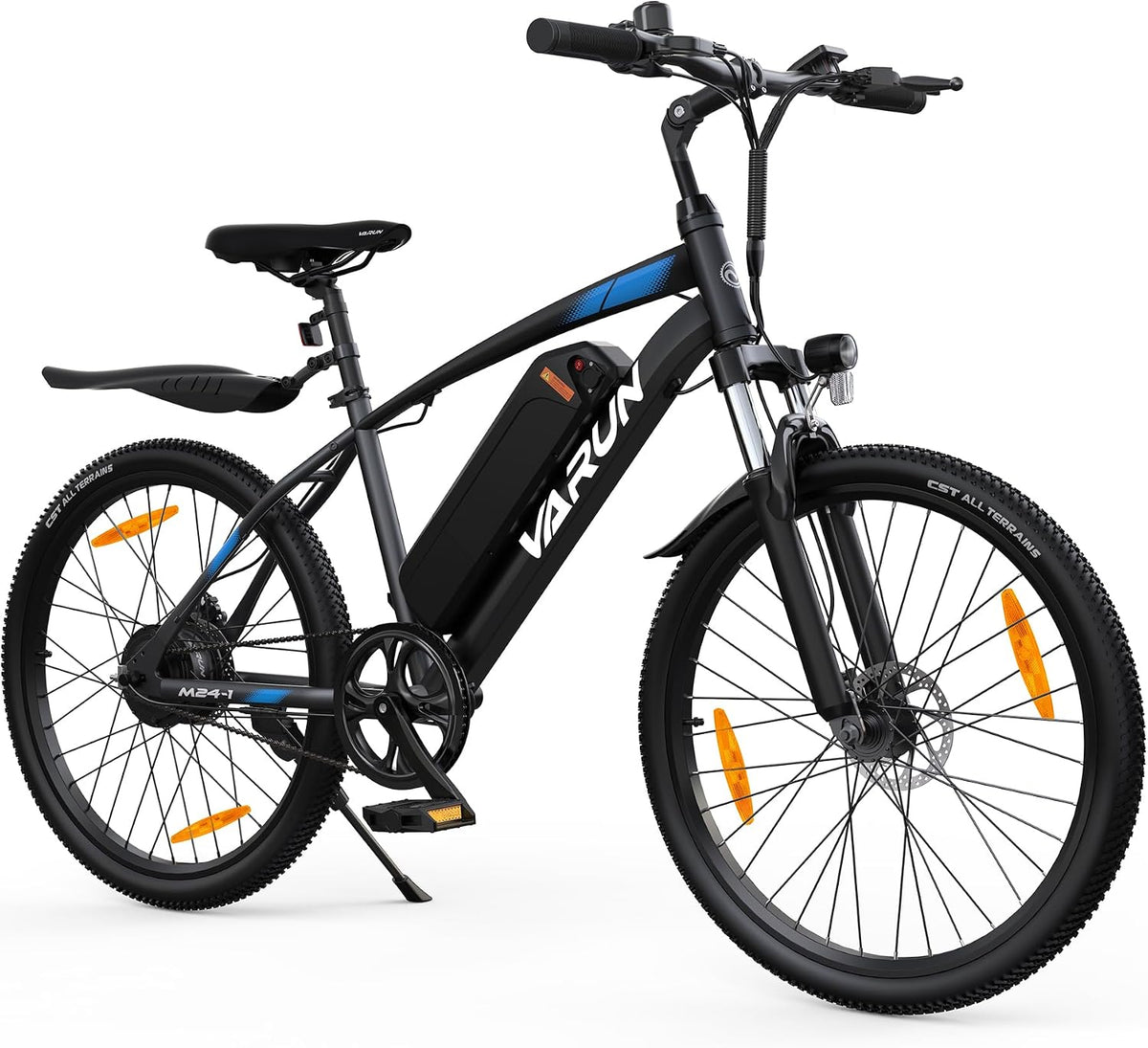 VARUN Mountainbike, 24 Zoll, 36 V, Schwarz/Blau, E Bike, 26/ E- Herren Damen mit 48/ Batterie, 21/1 Gang, Aluminium Rahmen