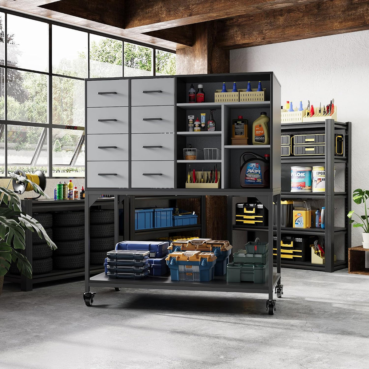 PREMTURE Werkzeugschränke, 100 × 55 × 121 cm, MDF+Stahlrahmen, Grau, Werkzeugschrank mit 8 Schubladen & 6 Fächern