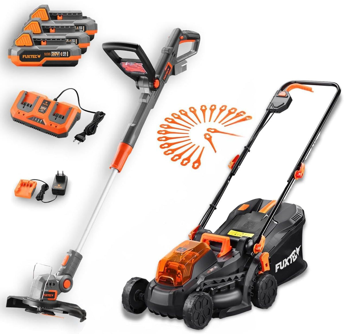 Fuxtec Rasentrimmer, 33 cm, 25 cm, 20 V, 40 V, Schwarz/Orange/Grau, Akku Garten-Set, Akku und Rasenmäher (2x ) inklusive 3X 2 Ah Li-Ion Akkus &