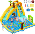 GYMMALL Hüpfburgen, 450 W, Gelb/Blau/Grün, Aufblasbare Wasserrutsche Hüpfburg mit Gebläse 10-in-1, Planschbecken
