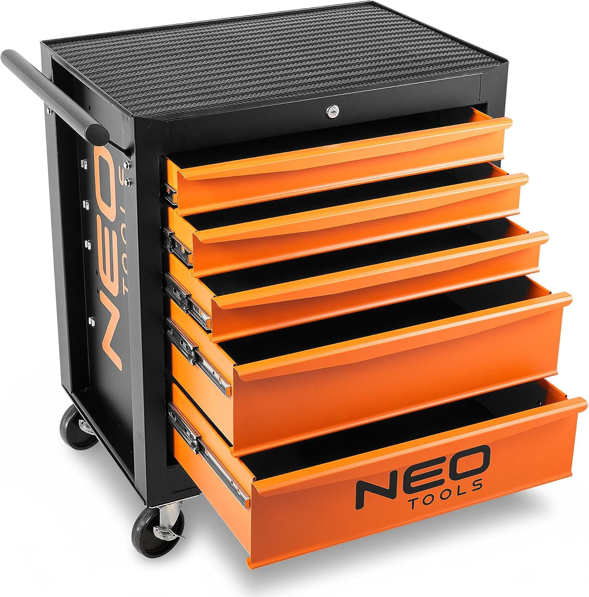NEO TOOLS Werkzeugschränke, Schwarz/Orange, Werkstattwagen 5 Fächer - Schubladen mit Kugellager