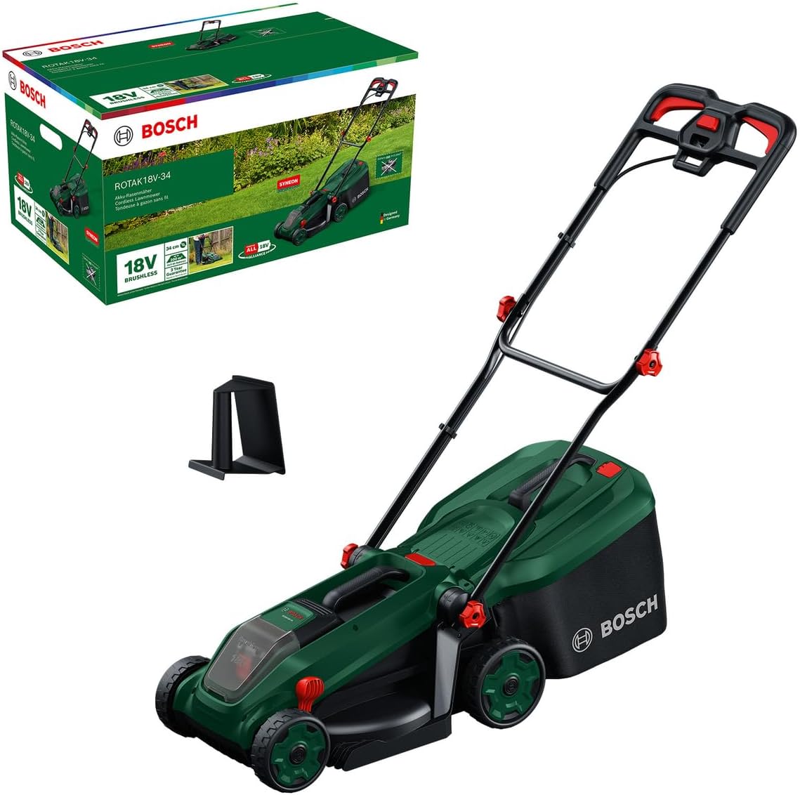 Bosch Rasenmäher, 34 cm, 65 mm, 35 l, Grün/Schwarz, Akku- ROTAK18 V-34 (Schnittbreite:, Schnitthöhe: 25-, Stoff-Grasfangkorb