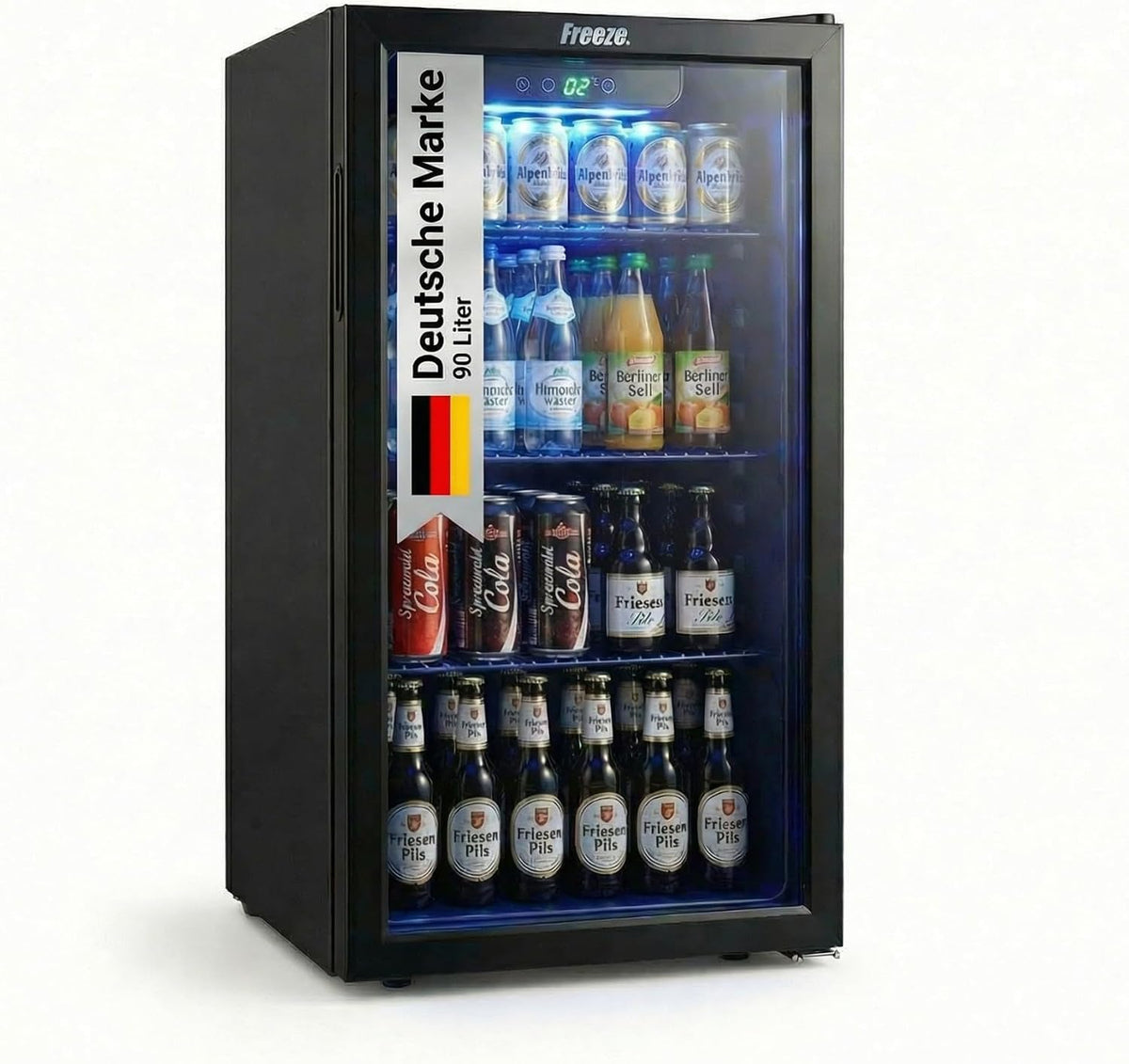 FREEZE. Weinkühlschrank, 90 L, Schwarz, Getränkekühlschrank, Mini-Kühlschrank für 126 Dosen, Glastürkühlschrank