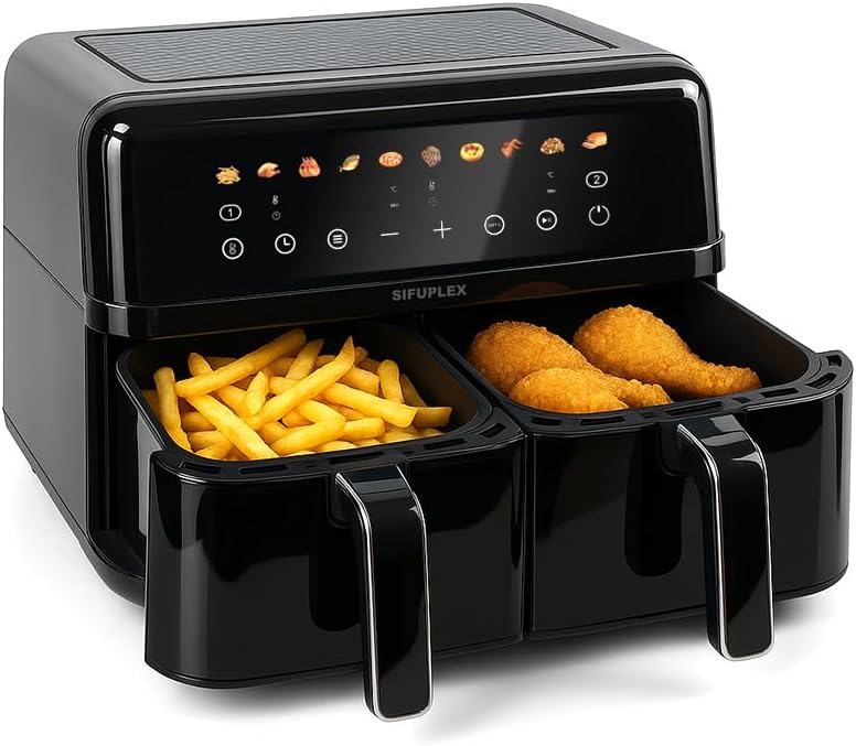 Sifuplex Heissluftfritteuse, 4,5 L, 9 L, Schwarz, ASF90 Duo Heißluftfritteuse I Doppelfritteuse mit 2 Körben, Rapid-Air-Technologie