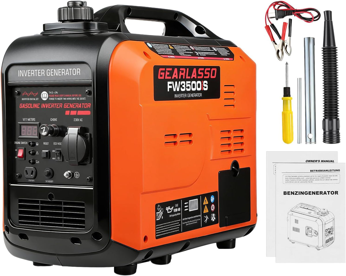 GEARLASSO Powerstation, 3300 W, 230 V, Schwarz/Orange, Inverter Stromerzeuger Benzin-Inverter-Generator, Wohnmobilreisen