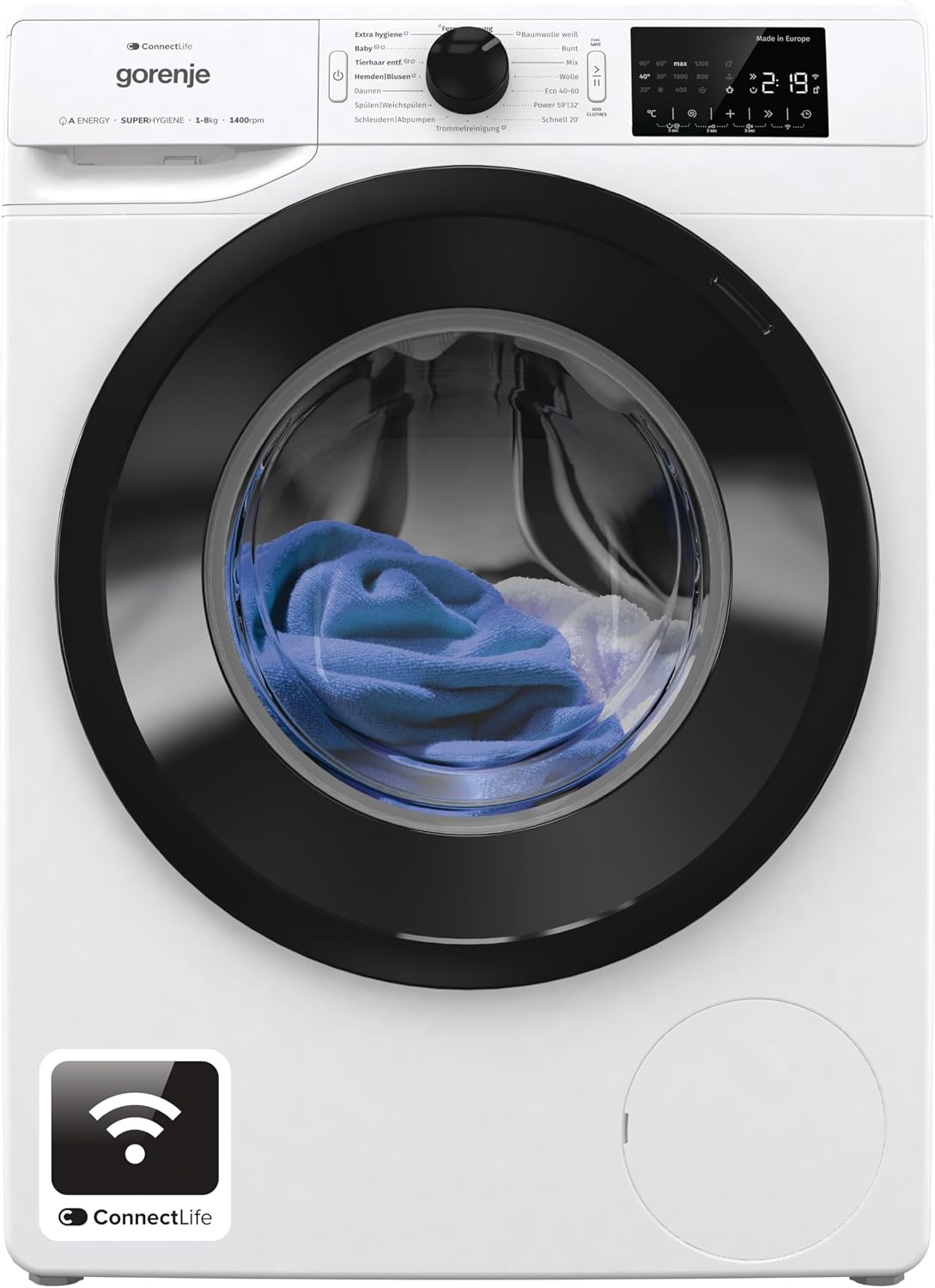 Gorenje Waschmaschine, 8Kg, Weiß/Schwarz, WPNEI84A1TS Waschmachine mit Dampffunktion/ConnectLife / /