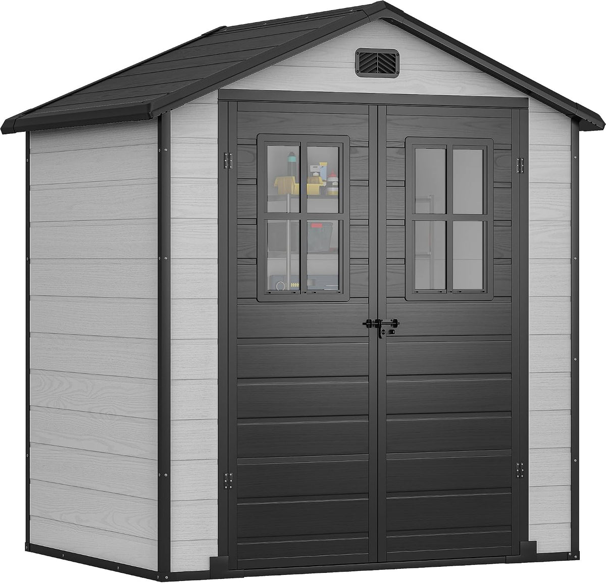 Gerätehaus YITAHOME, 183x135x208 cm, Grau/Schwarz, Kunststoff Gartenhaus 6x4.4 Fuß mit Boden, Fenstern & Belüftung für Gartenwerkzeuge