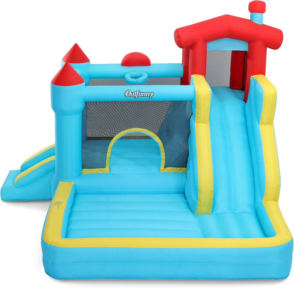 Outfunny Hüpfburgen, 450 W, Blau/Gelb/Rot, Hüpfburg groß für Kinder, Aufblasbare Hüpfburg Indoor & Outdoor mit Gebläse