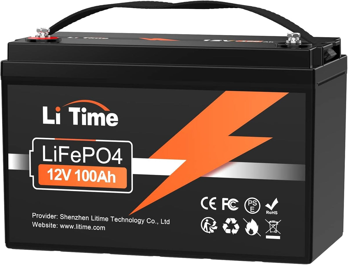 Litime Deep-Cycle-Batterien, 1280 Wh, 100 Ah, 12 V, Schwarz/Orange, LiFePO4 Batterie, Lithium Akku mit 100A BMS, Max. 15000 Zyklen Ladezyklen