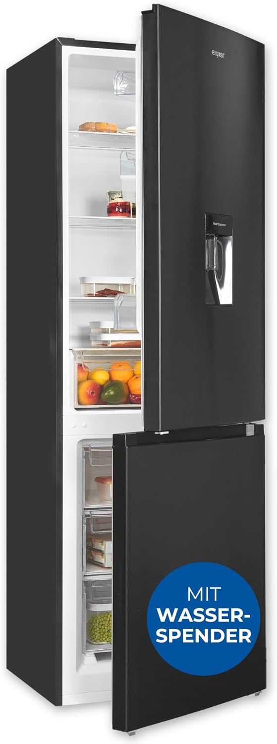 Exquisit Kühl-Gefrierkombination, 313 Liter, 186 cm, Schwarz, Höhe, Kühlschrank mit Wasserspender, 4-Sterne-Gefrieren
