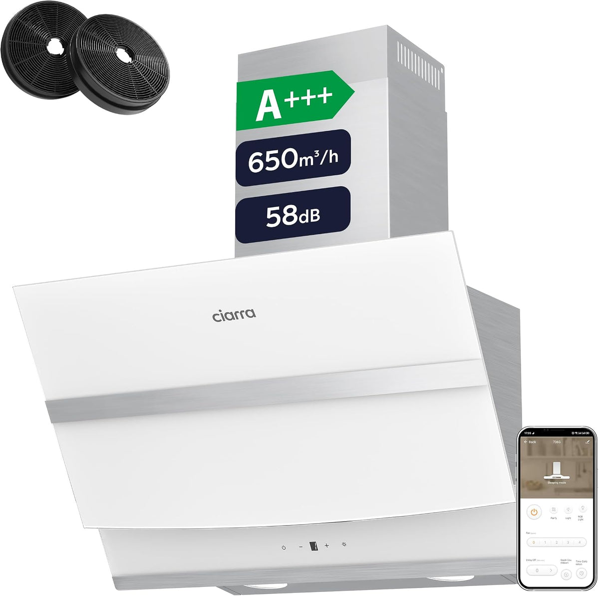 CIARRA Dunstabzugshaube, 60 cm, 650 m, Weiß/Edelstahl, A+++ ASW6736N Umluft Abluft ³/h App Gesteuert