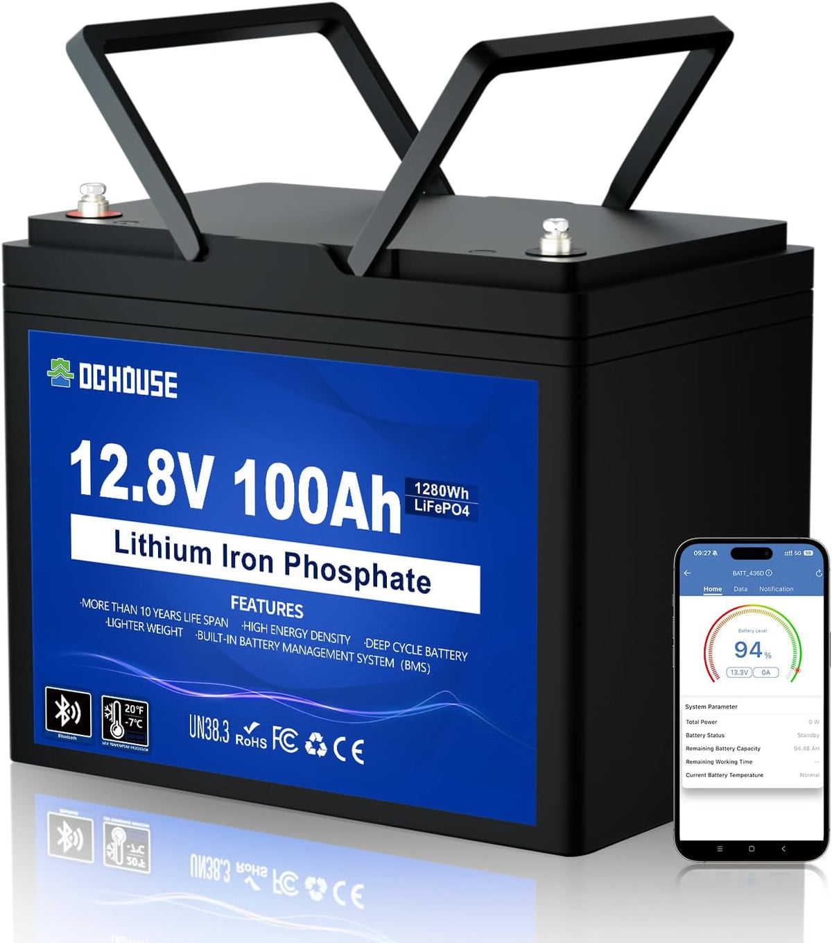 DCHOUSE Deep-Cycle-Batterien, 1280 Wh, 100 Ah, 12 V, Schwarz/Blau, Bluetooth LiFePO4 Lithium Batterie mit 100A BMS