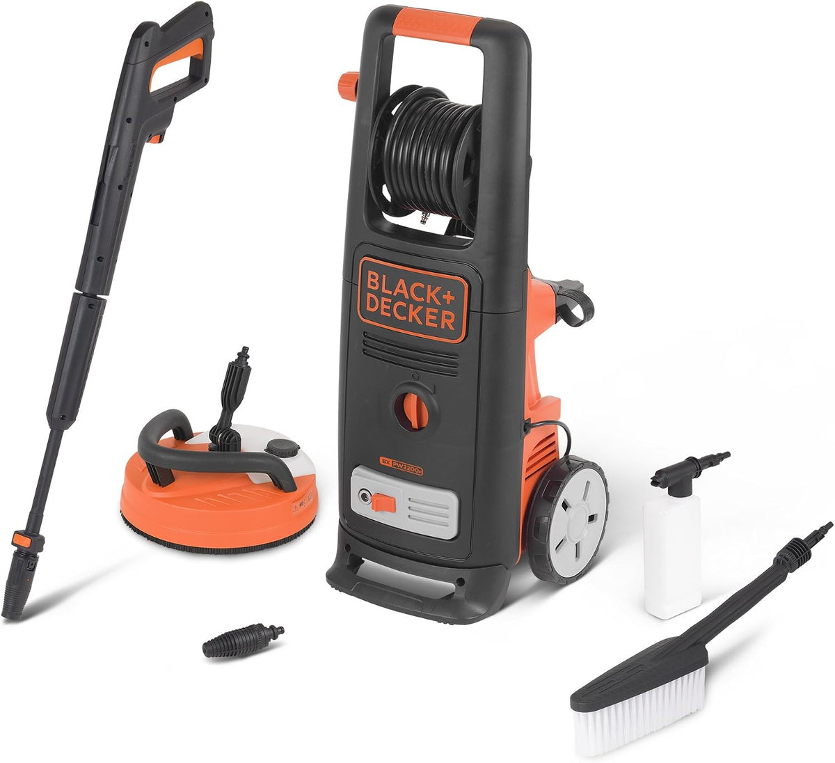 BLACK+DECKER Hochdruckreiniger, 150 bar, 2200 W, 440 l, Schwarz/Orange, BXPW2200PE mit Patio Cleaner Deluxe und Feste Bürste (