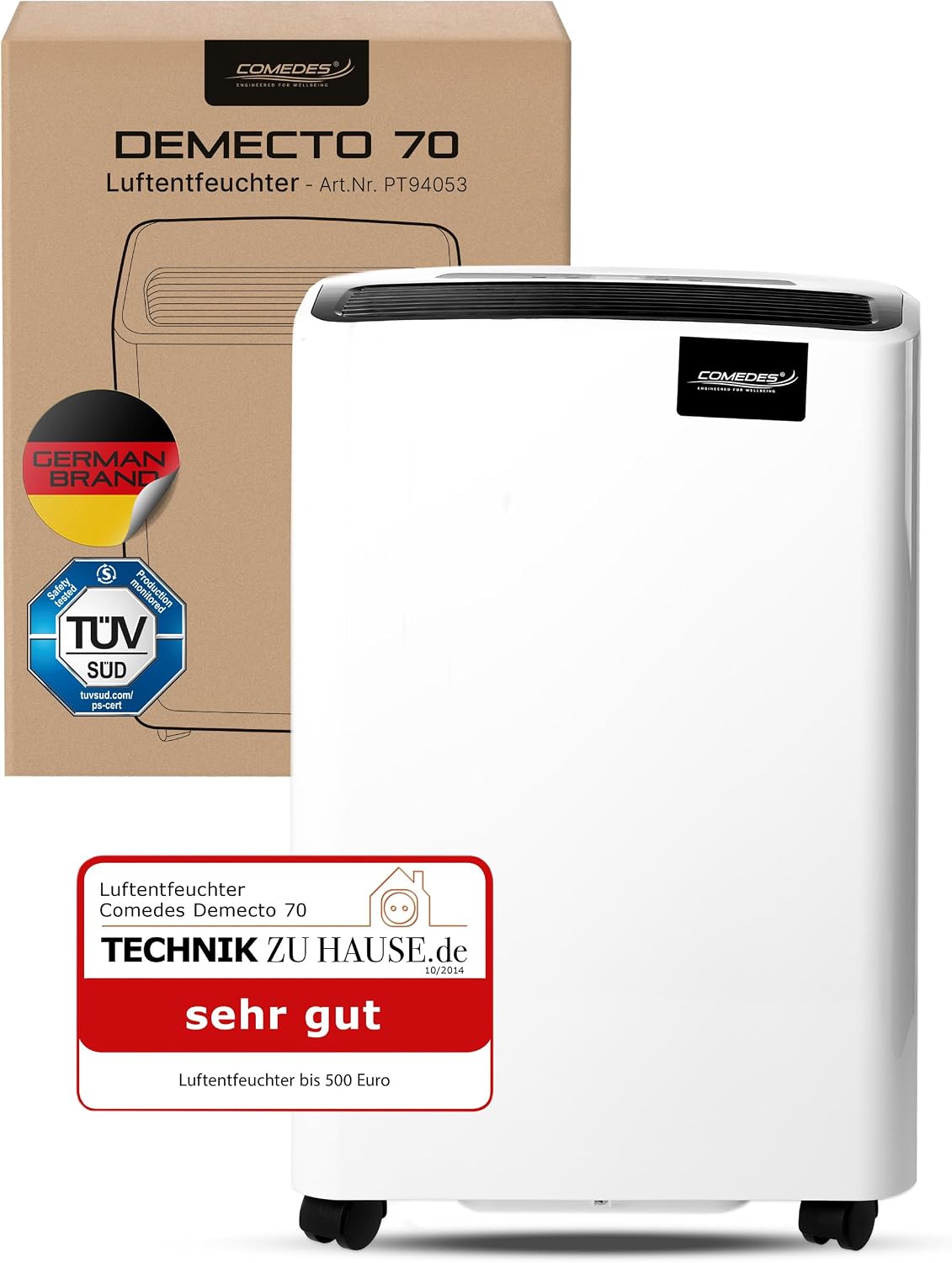 Comedes Luftentfeuchter, 75 Liter, 240m, 550m, Weiß/Schwarz, Bautrockner Demecto 70 (max. / 24h) Geeignet für Räume