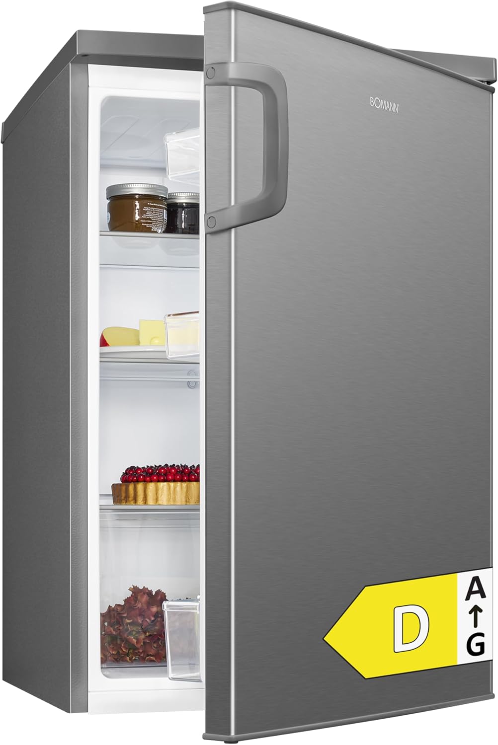 Bomann Kühlschrank, 85 cm, 39 dB, 133 L, Silber, ® ohne Gefrierfach, Energieklasse D, leise, 3 Ablagen, Türanschlag wechselbar