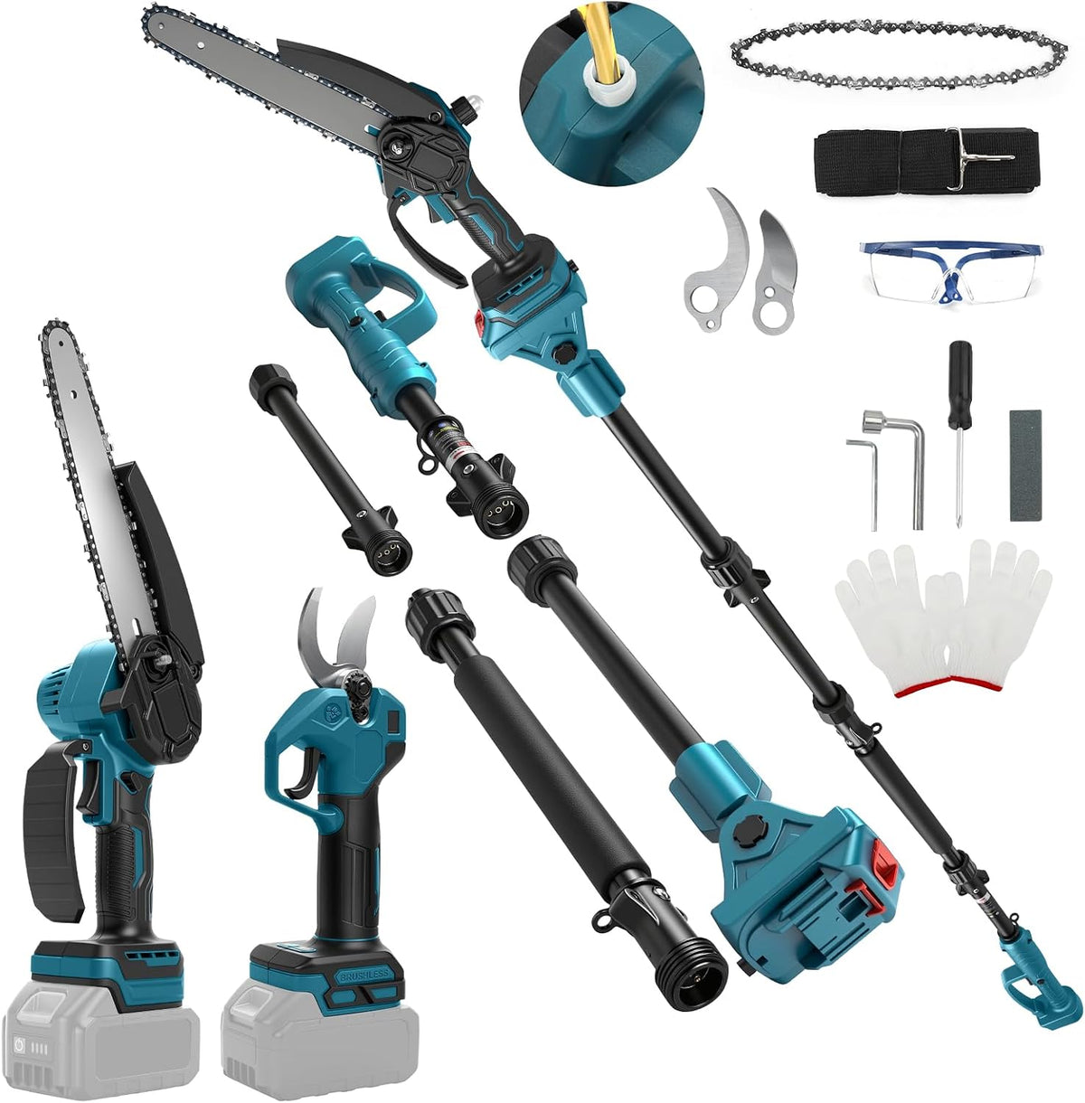 HEBERUCK Kettensäge, 8 Zoll, 28 mm, 4m, Schwarz/Blau, Mini mit Teleskopstange & Elektro Gartenschere