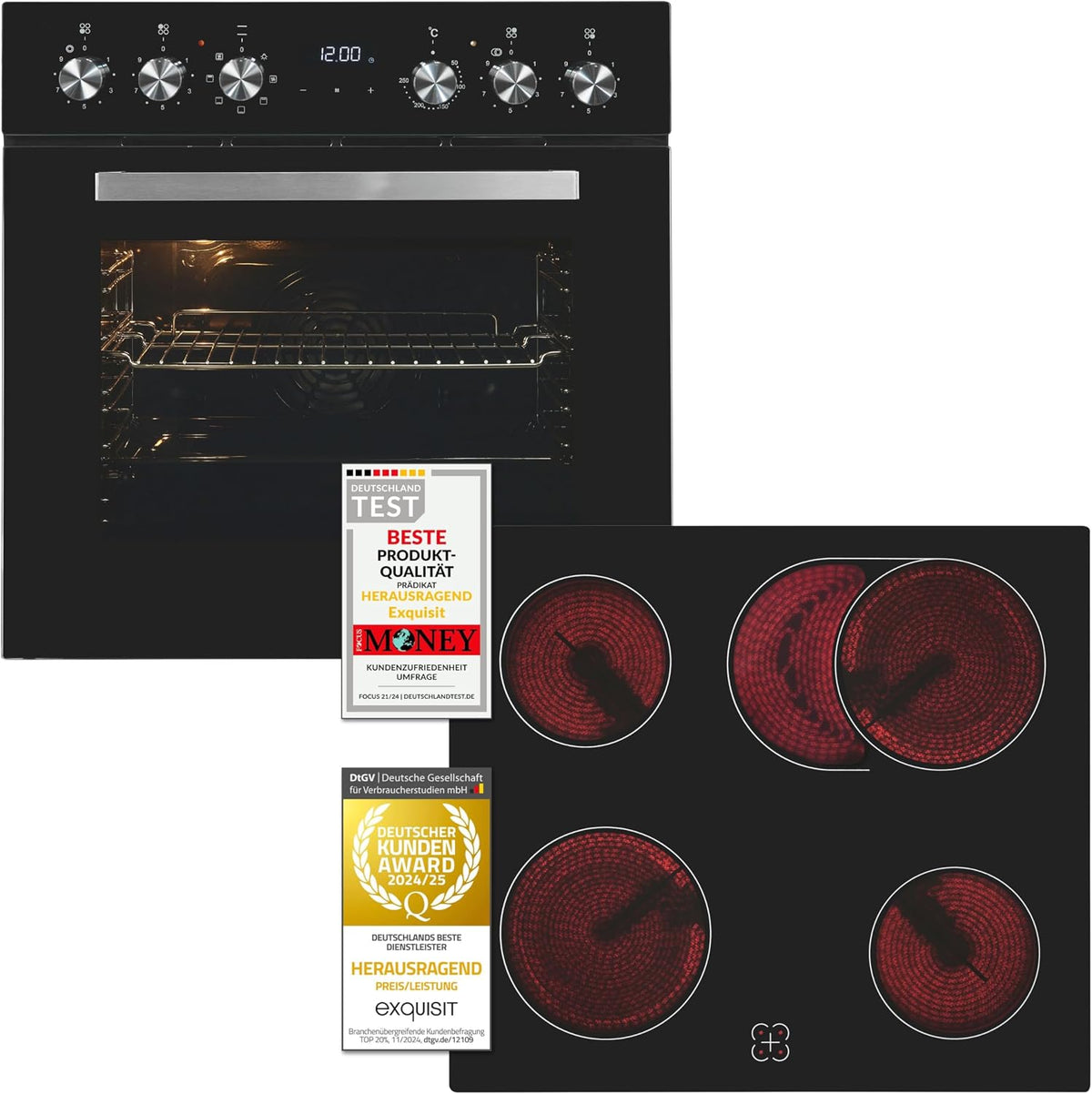 Exquisit Kochfeld, 59 l, Schwarz, Einbauherdset EHE157-UBZ-020-Set, Garraumvolumen, 7 Backprogramme, mit Rahmen
