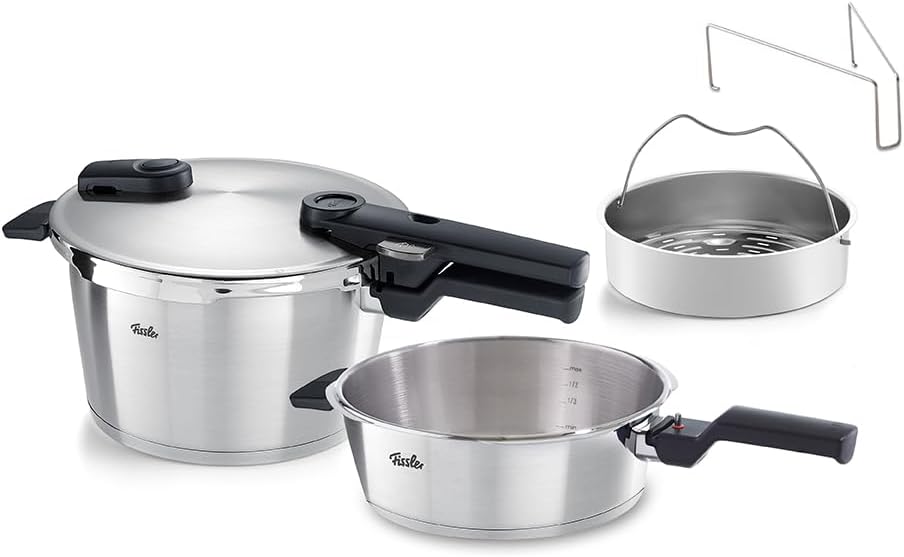 Fissler Schnellkochtöpfe, 22 cm, 4,5 L, 2,5 L, Silber/Schwarz, Vitaquick Premium/Schnellkochtopf-Set 2-teilig, (Schnellkochtopf + Schnellbratpfanne