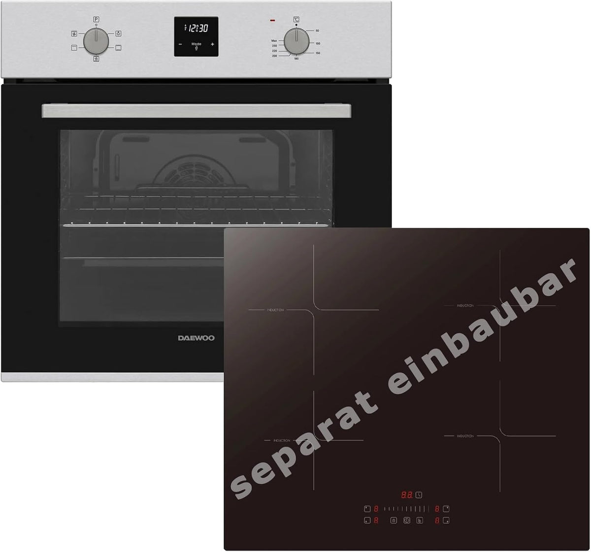 Daewoo Backofen, 60 cm, 69 L, Schwarz/Silber, Einbauherd Set Umluft Induktiosnkochfeld autark Slider
