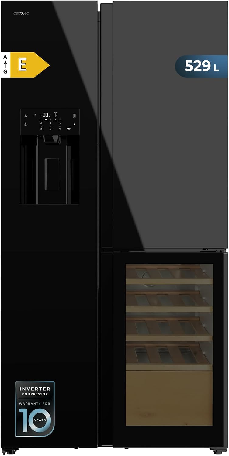 Cecotec Kühlschrank, 183x91,1x70,6 cm, 529 l, Schwarz, Amerikanischer 3 Türen - Weinkeller - Eisspender - - Bolero