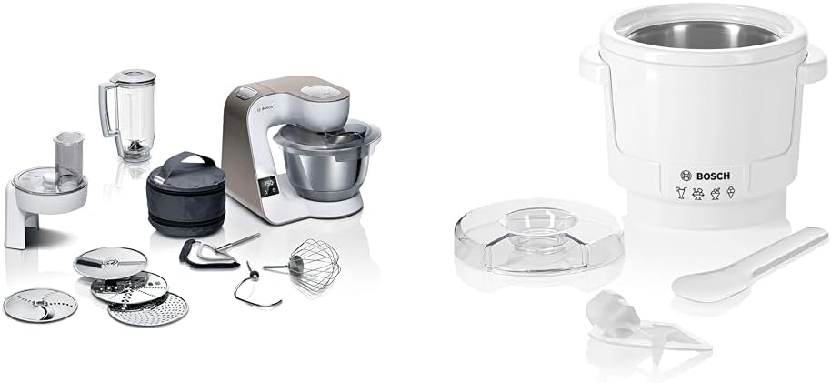 Bosch Hausgeräte Universalküchenmaschinen, 3,9 L, Weiß/Metallic, Küchenmaschine Serie 4 MUM5XW20, Edelstahl-Schüssel & MUZ5EB2