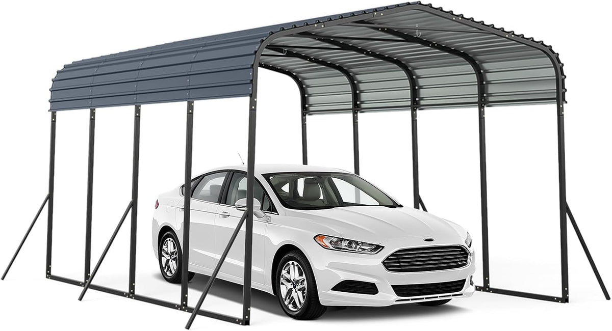 GYMAX Carports, 3 m, Grau/Schwarz, Metall Carport Zeltgarage, Überdachung mit verstärkter Basis, festem Dach & 4 schräge Beine