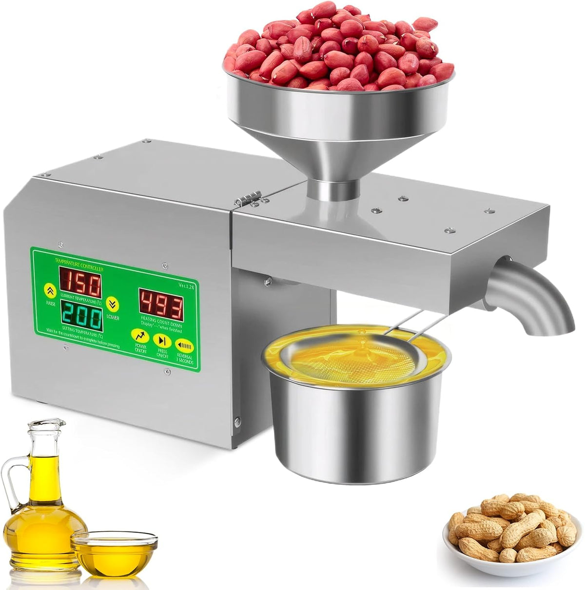 Zertylre Zitruspressen, 820 W, Silber, Automatische Ölpresse, Edelstahl-Ölpresse, einstellbare Temperatur von 40 bis 240 °C