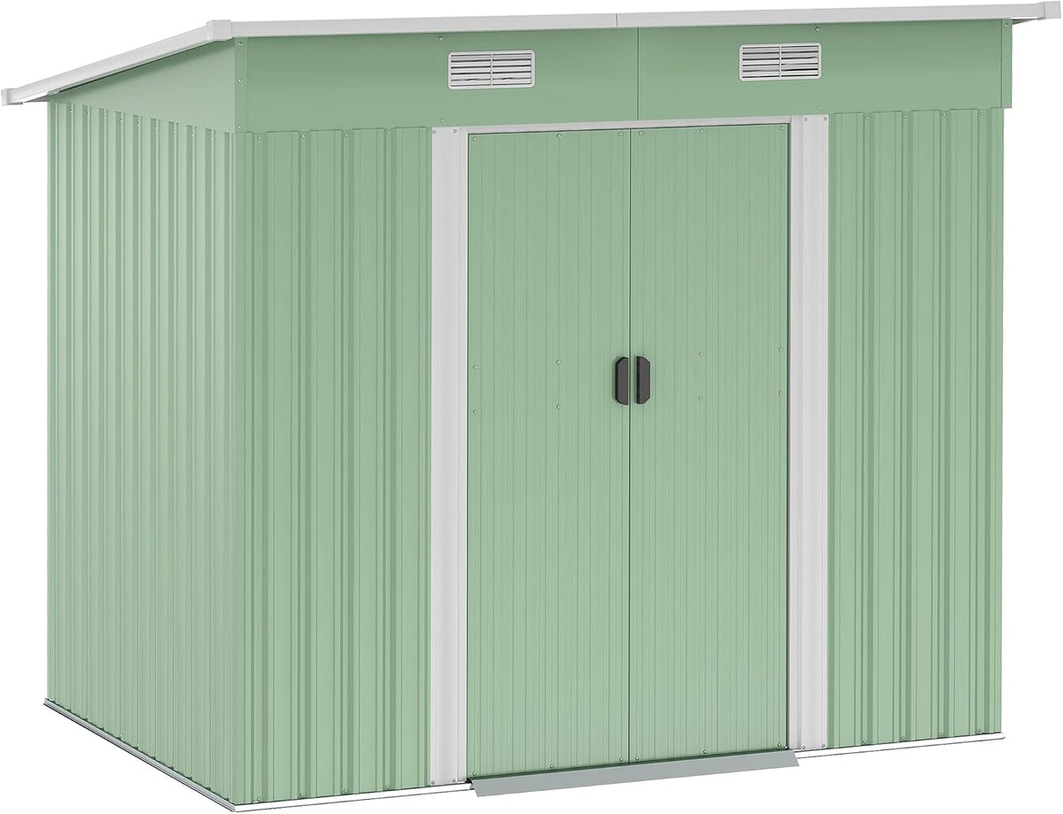Outsunny Gerätehaus, 207 x 130 x 182 cm, 2,3 m, Grün/Weiß, ² Metall Garten Schuppen mit Fenster Pultdach Schiebetüren