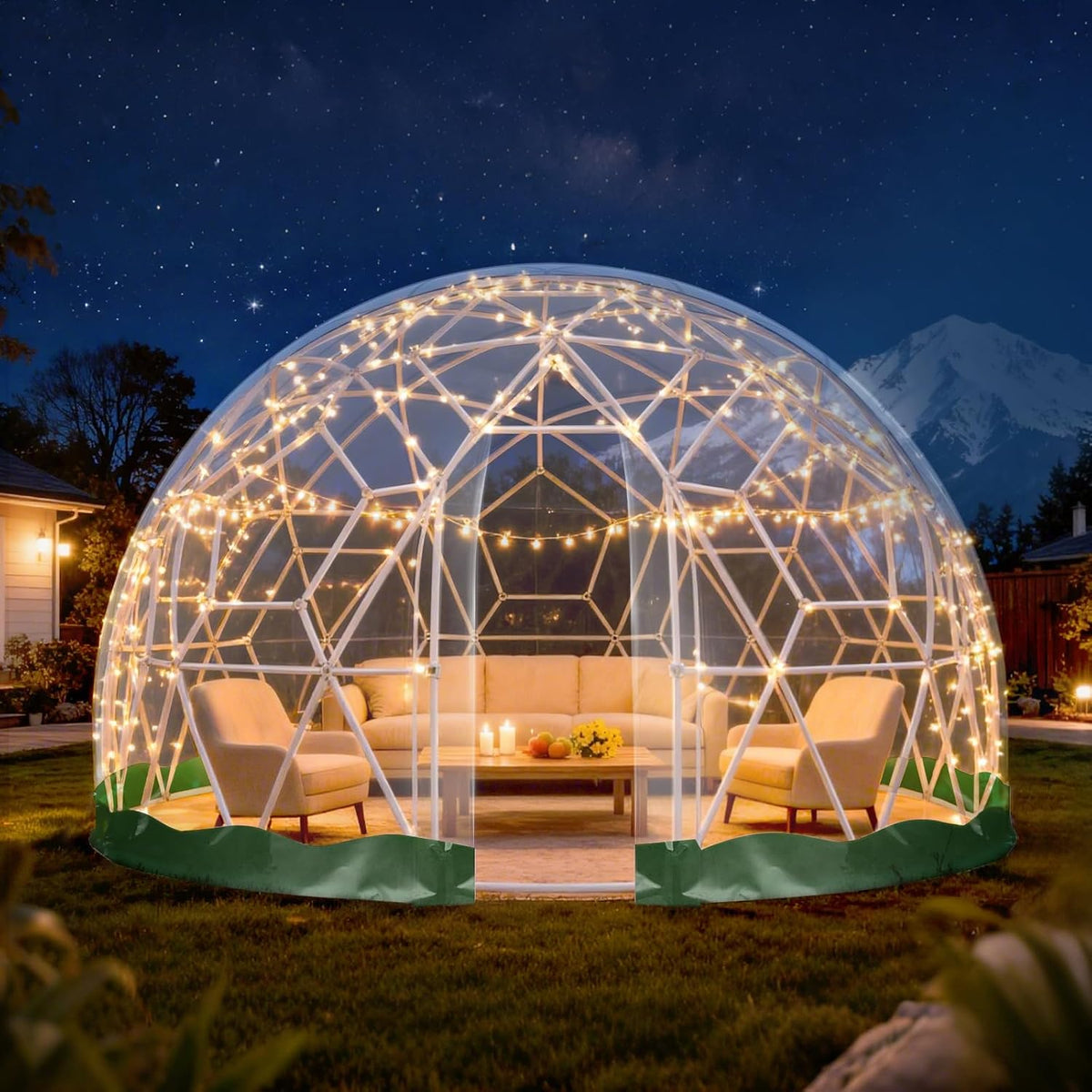 Yorkgargen Gewächshaus, transparent/weiß/grün, Gartenblasenzelt mit 2 Lichterketten