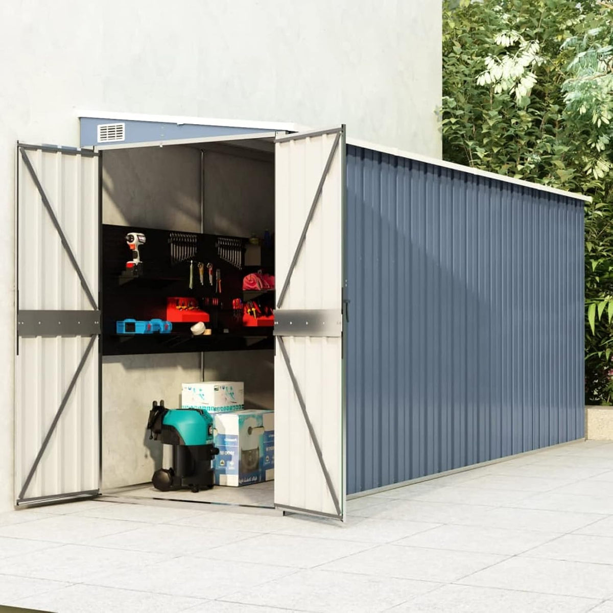 Gerätehaus Gecheer, 118x382x178 cm, Grau, Wand Geräteschuppen Metall Gartenhaus Gartenschuppen