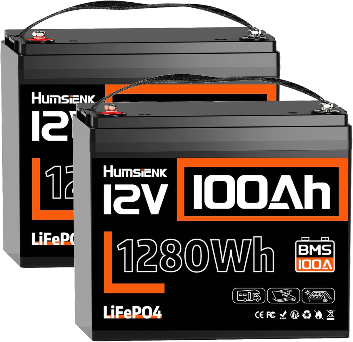 HumsiENK Deep-Cycle-Batterien, 3840 Wh, 100 Ah, 12 V, Schwarz/Orange, Humesienk 2 Stücke LiFePO4 Batterie, bis zu 15.000 Zyklen