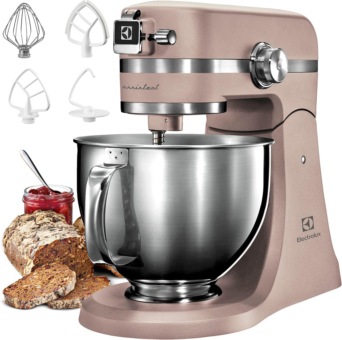 Electrolux Knet- & Rührmaschinen, 1200 W, 210 mm, Sand/Silber, EKM5570 Knetmaschine aus Edelstahl, Motor und 10 Geschwindigkeiten