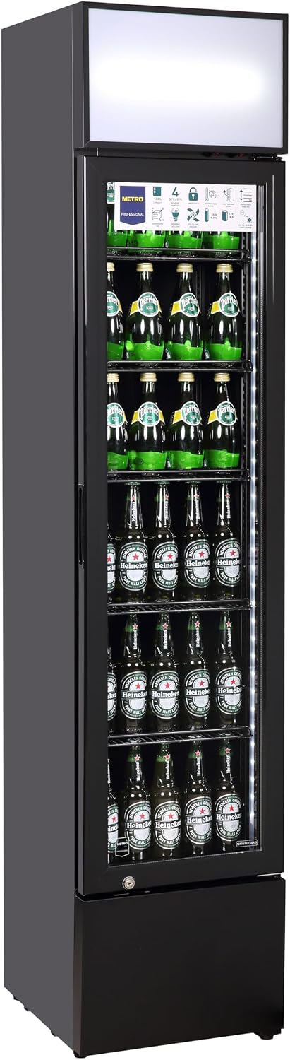 METRO Professional Getränkekühlschrank, 166 L, Schwarz, mit Glastür GSC2133B-NC, 5 verstellbaren Einlegeböden, mit Schloss