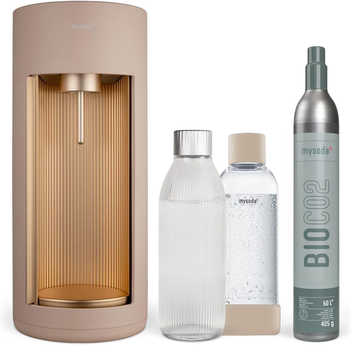 Mysoda Wassersprudler, 1 L, Beige, Glassy aus Holzkomposit mit CO2-Zylinder und Glasflasche &