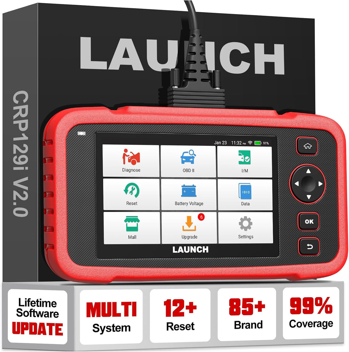 LAUNCH Monitor, Rot/Schwarz, CRP129i 2.0 OBD2 diagnosegerät 4 System KFZ Codeleser, 12+ Reset ABS/TPMS/Öl/EPB/SAS/BMS/AF/Injektor/Drosselklappe