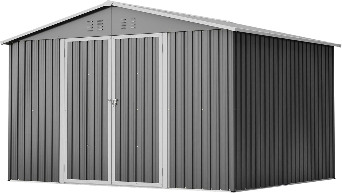 Gerätehaus Gxffipw, 300x252x191 cm, Grau, Gartenhaus Metall Geräteschuppen mit Klapptür, Gartenschuppen mit Satteldach und Stauraum