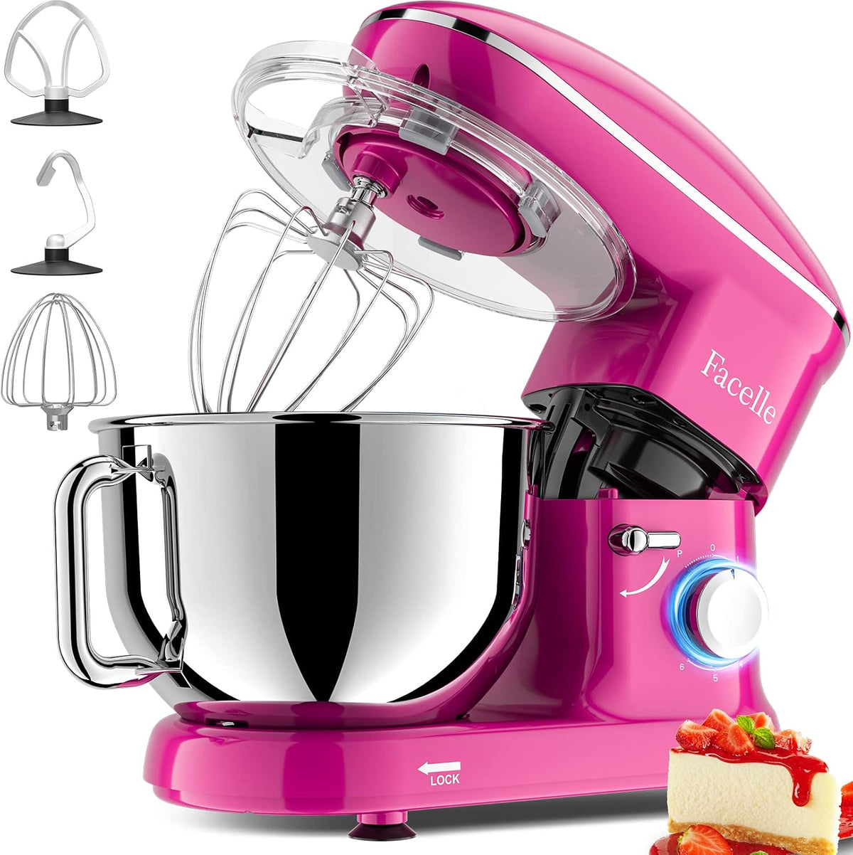 Facelle Knet- & Rührmaschinen, 2000 W, 6,2 L, Pink, Küchenmaschine, Knetmaschine, Teigmaschine Rührmaschine mit Edelstahl Schüssel 6