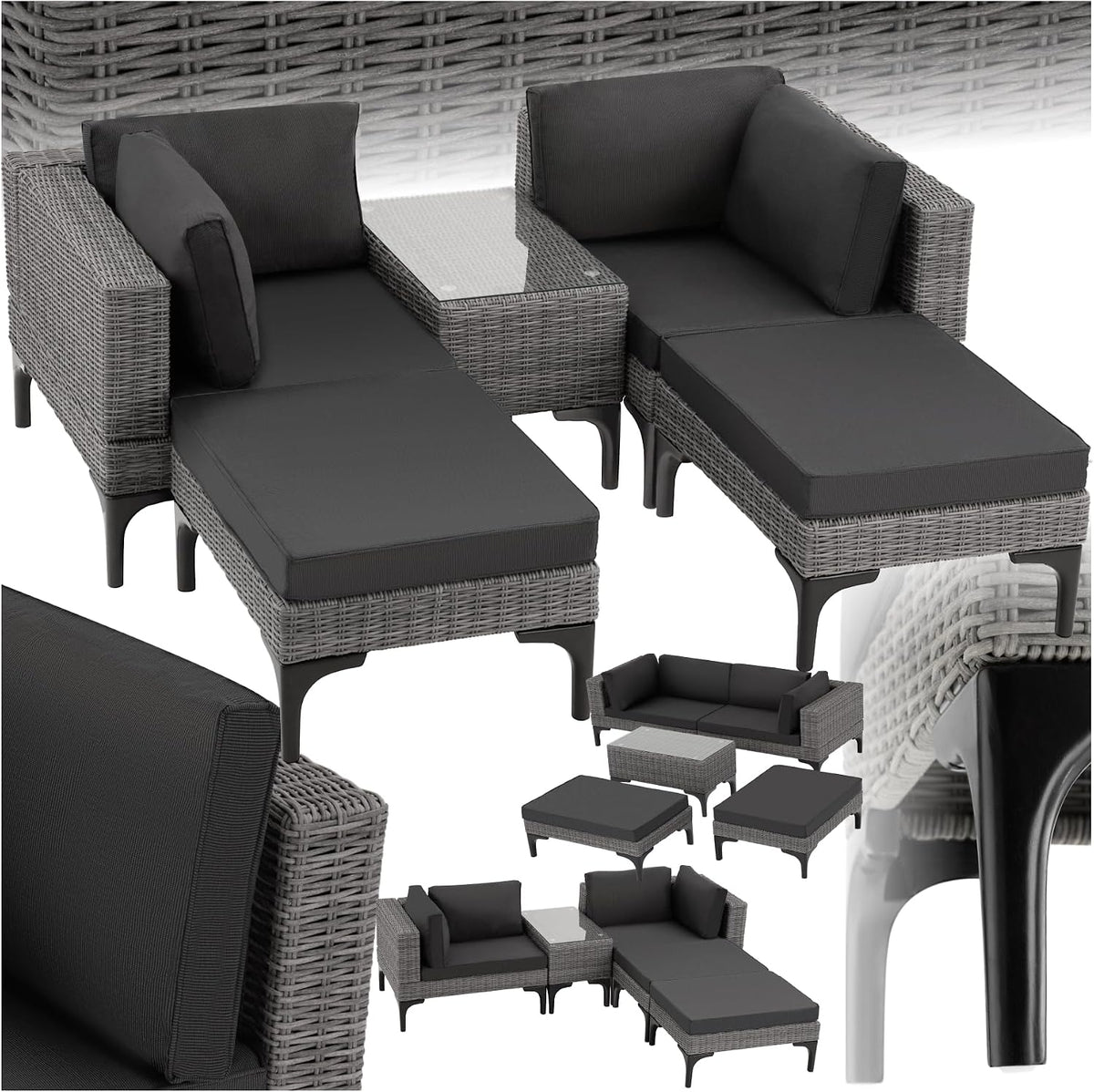 Sofa tectake, Polyethylen, Aluminium, Polyurethan, 100 % Polyester, Glas, Holz, Grau/Schwarz
