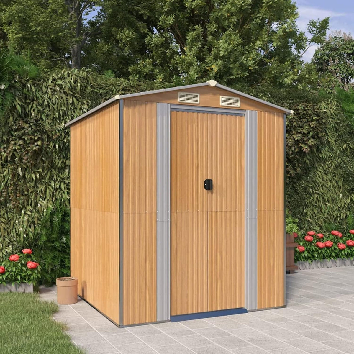 ShGaxin Gerätehaus, 192x191x223 cm, verzinkter Stahl, Hellbraun/Grau, Geräteschuppen, Fahrradgarage, Gartenhütte