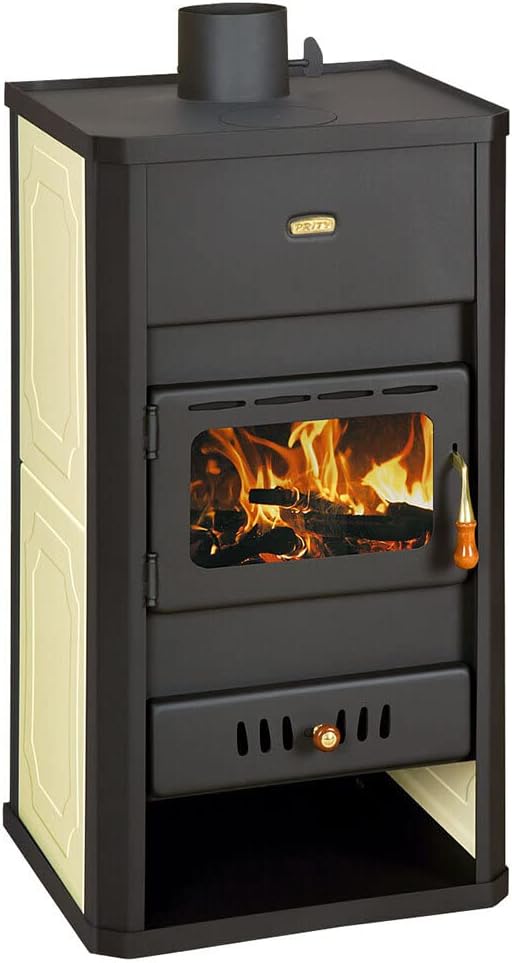 Prity Kaminofen, Schwarz/Creme, Holzofen für Zentralheizungssystem S3 W13 mit Integralkessel
