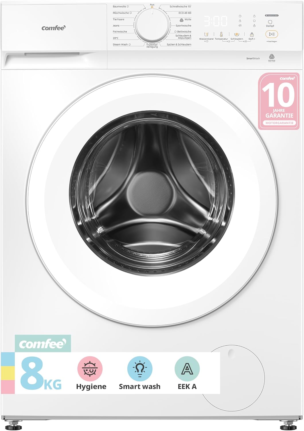 Comfee Waschmaschine, 8 kg, Weiß, Washing machine mit Tierhaar-Programm & Dampffunktion, 16 Programme, Energy Efficiency Class A-10%