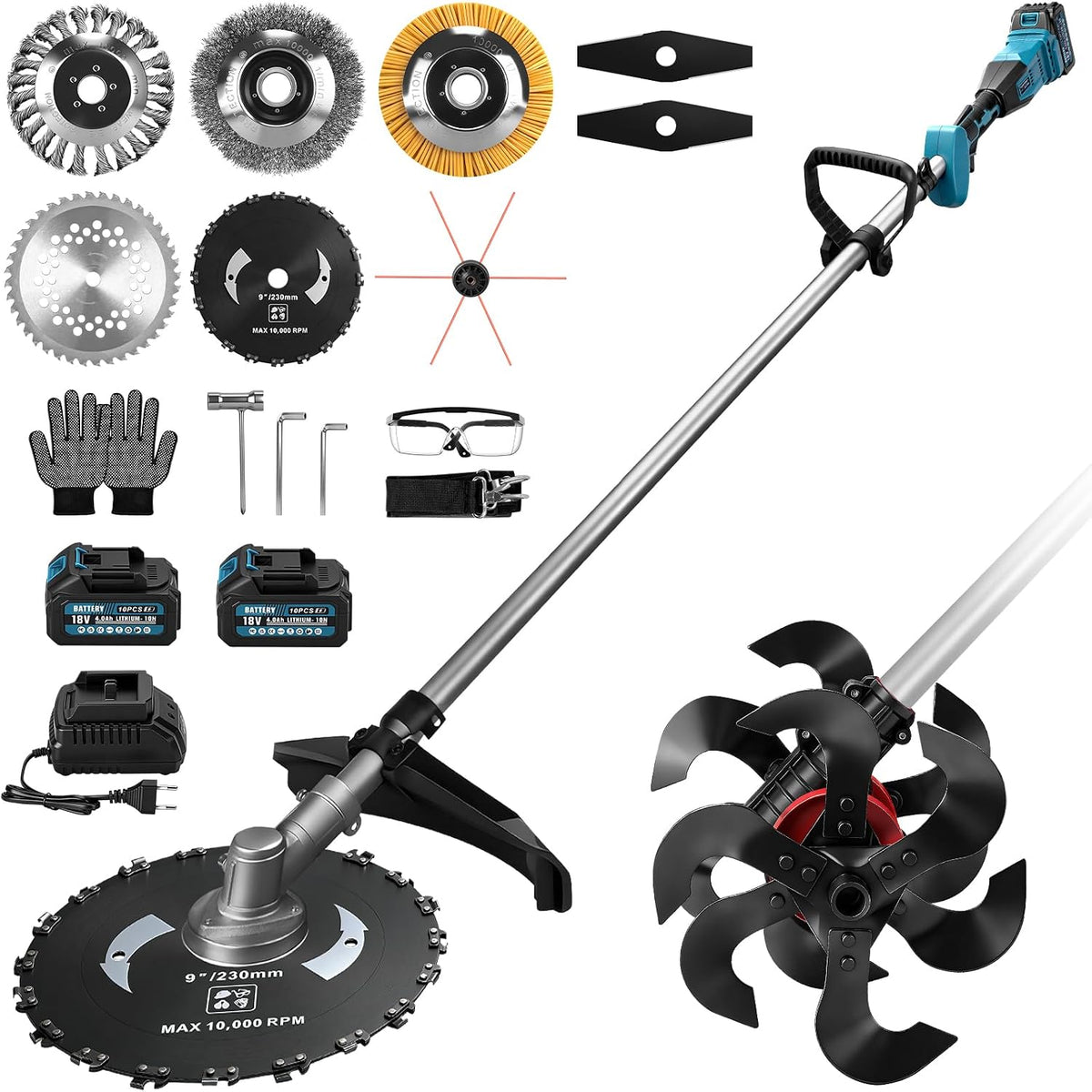 DENEWERK Rasentrimmer, 23 cm, 25 cm, Schwarz/Silber, 2-In-1 Akku-Bodenhacke Motorhacke mit 2 Akkus, Elektrisch Bodenfräse