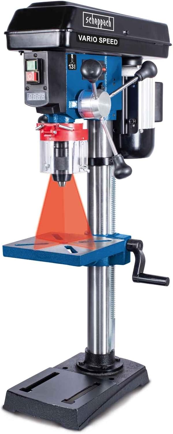 Scheppach Tischbohrmaschinen, 13 mm, 550 W, Schwarz/Blau/Silber/Rot, Profi-Säulenbohrmaschine DP19Vario Tischbohrmaschine