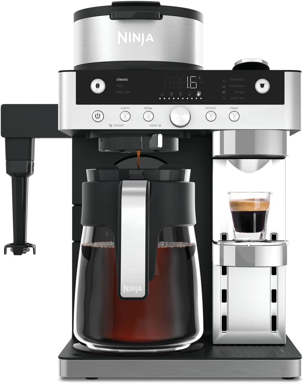 Ninja Milchaufschäumer, Schwarz/Silber, Prestige 2-in-1 Filterkaffee- und Kapselmaschine mit, für Latte, Schwarz CFN802EU